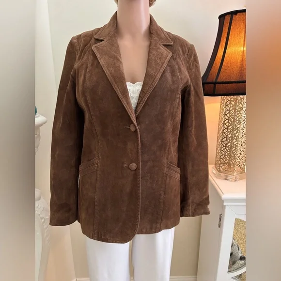Brown Suede Women's Blazer Jacket - Classic Tailored Style - Picture 3 of 12
